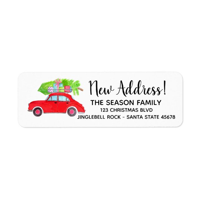 New Address Red Car with Christmas tree Label (Front)