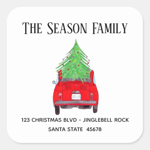 New Address Red Car with Christmas Tree Square Sticker