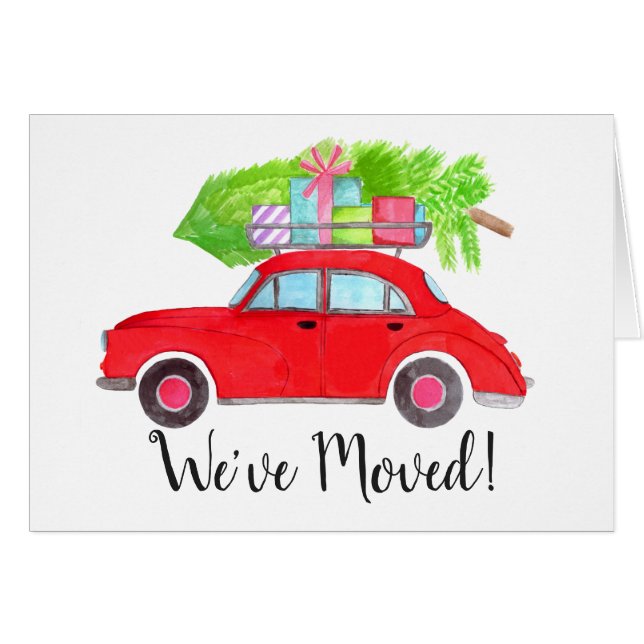New Address Red Car with Christmas tree Watercolor (Front Horizontal)
