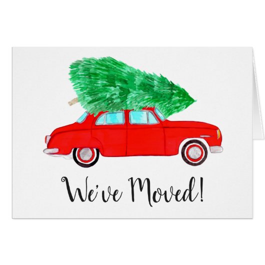 New Address Red Car with Christmas tree Watercolor (Front Horizontal)