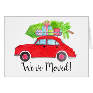 New Address Red Car with Christmas tree Watercolor Cards
