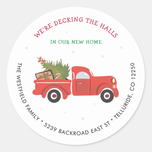 New Address Red Truck Christmas Moving Announcemen Classic Round Sticker