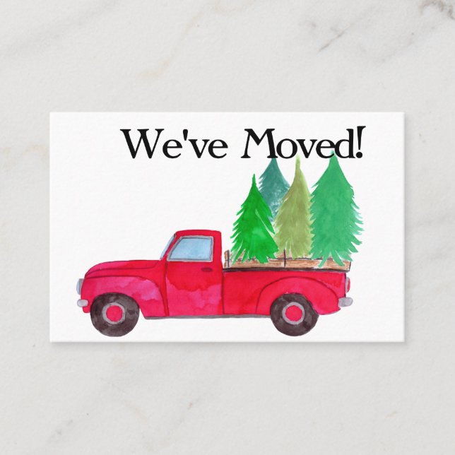 New Address Red truck with Christmas trees Business Card (Front)