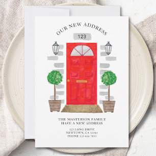 New Address Red Watercolor Door Announcement