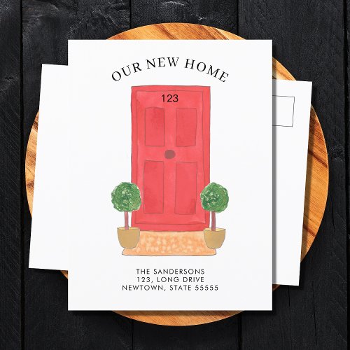 New Address Red Watercolor Door Moving Announcement Postcard