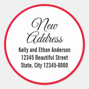 New Address Red White Black Moving Announcement Classic Round Sticker