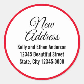 New Address Red White Black Moving Announcement Classic Round Sticker