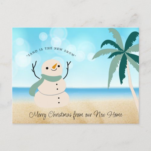 New Address Sandy Snowman Palm Tree on Beach Holiday Postcard