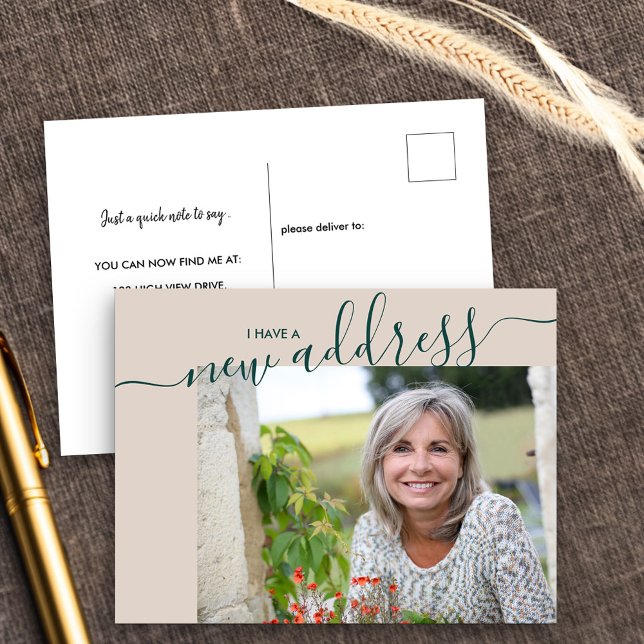New Address Script Elegant Photo Moving Announcement Postcard (New Address postcard with horizontal photo and elegant script)