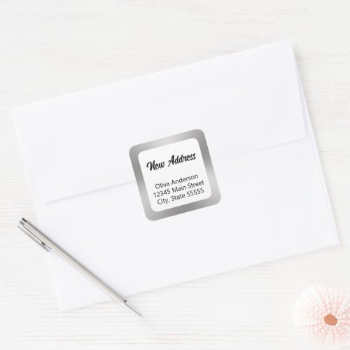 New Address Silver White and Black Script and Name Square Sticker