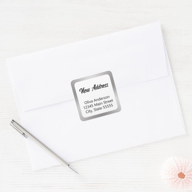 New Address Silver White and Black Script and Name Square Sticker (Envelope)