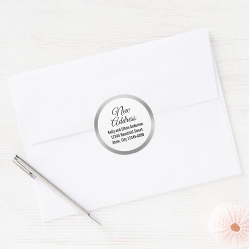 New Address Silver White and Black Script Elegant Classic Round Sticker