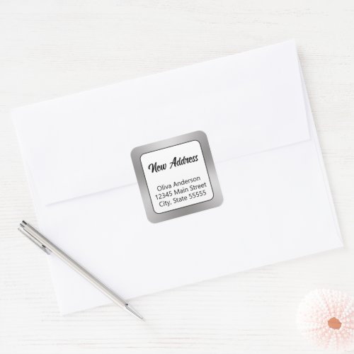 New Address Silver White Black Moving Announcement Square Sticker