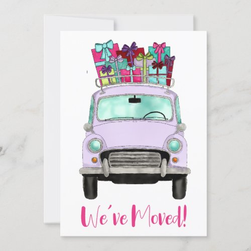 New Address Violet Car with Christmas Gifts Invitation