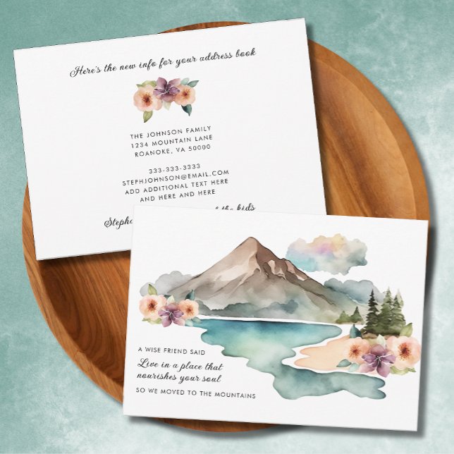 New Address Watercolor Mountains Moving Announcement (New Address Watercolor Mountains Motivational Quote Floral Moving Announcement Flat Card)