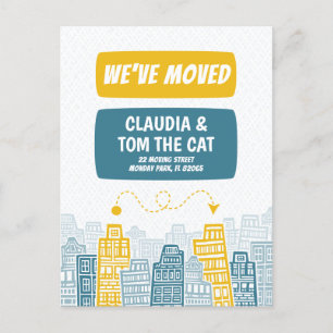 new address we are moving cartoon city postcard