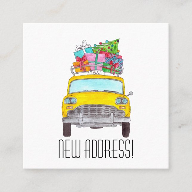 New Address Yellow Cab with Christmas Gifts Square Business Card (Front)