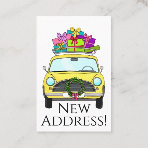 New Address yellow car with Christmas gifts Business Card