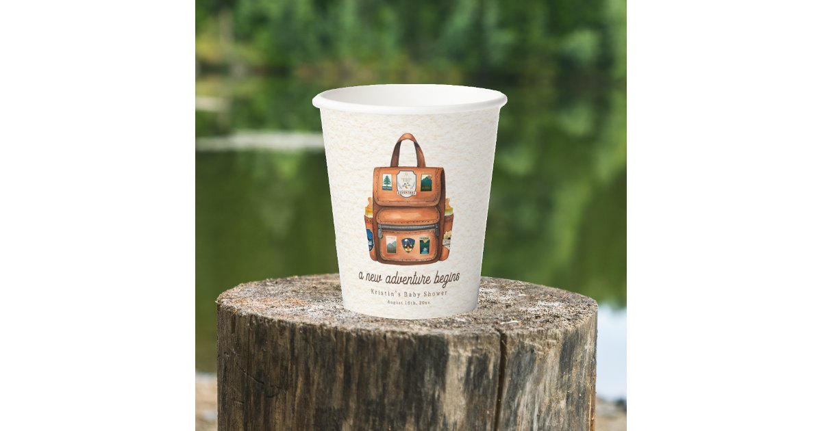New Adventure Backpack + Bottles Baby Shower Paper Cups | Zazzle
