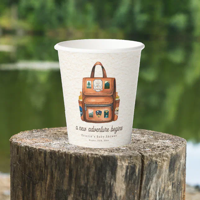 New Adventure Backpack + Bottles Baby Shower Paper Cups | Zazzle