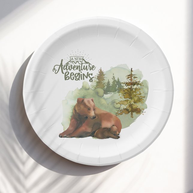 New Adventure Begins Typography Rustic Bears Paper Plates (Creator Uploaded)