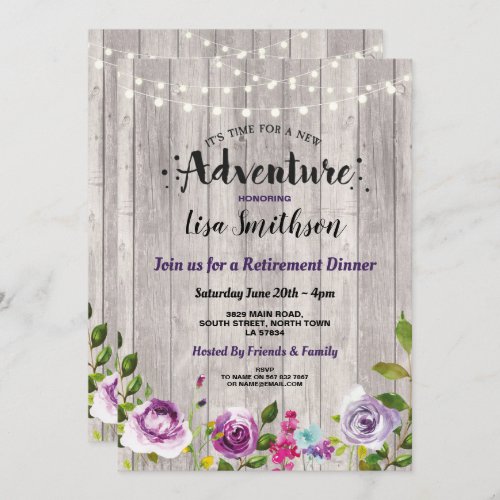 New Adventure Floral Wood Purple Retirement Party Invitation