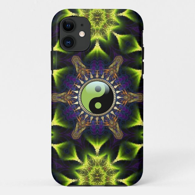 New Age Green YinYang Hexagon Neon Fractals Case-Mate iPhone Case (Back)