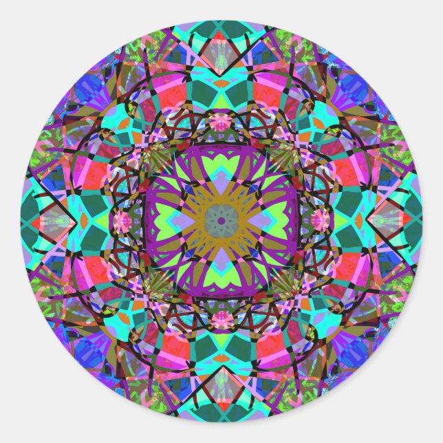 New Age Neon Kaleidoscope Mandala Classic Round Sticker (Front)
