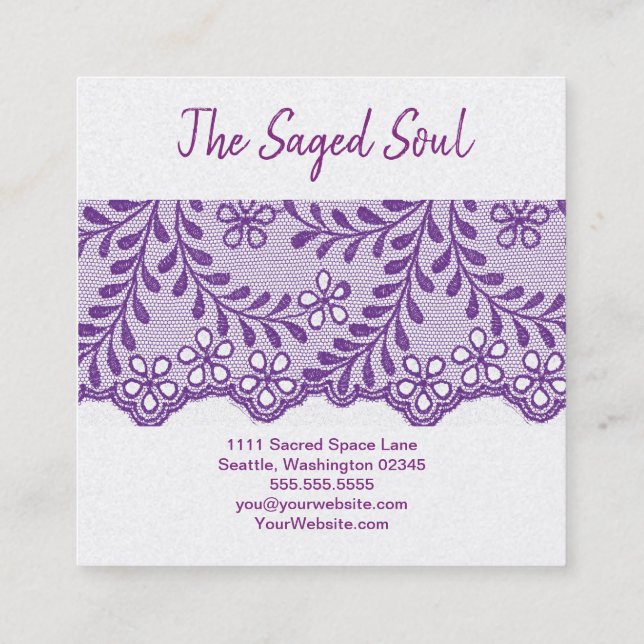 New Age Occult Shop Amethyst Floral Lace Square Business Card (Back)