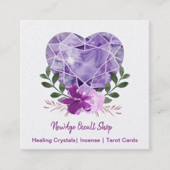 New Age Occult Shop Amethyst Heart Floral Square Business Card by businesscardsforyou at Zazzle