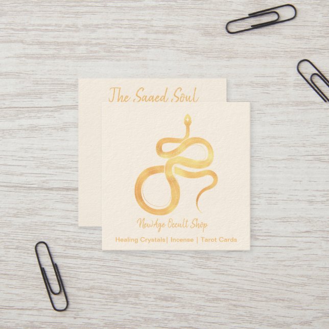 New Age Occult Shop Gold Snake Square Business Card (Front/Back In Situ)