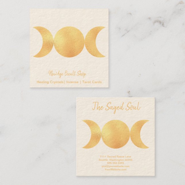 New Age Occult Shop Gold Triple Moons Square Business Card (Front/Back)