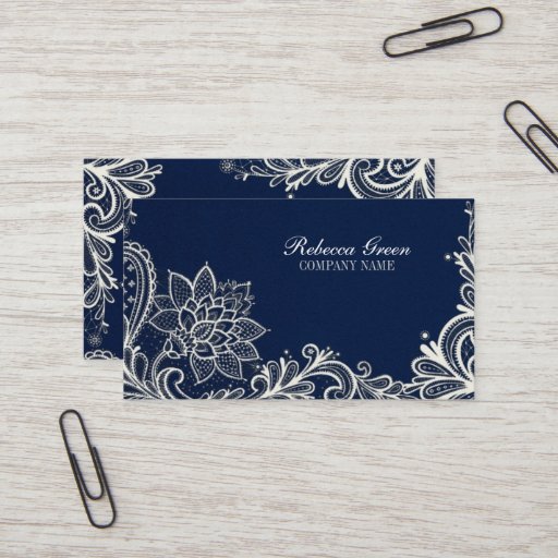 Customizable modern girly white lace navy blue swirls fashion business card templates