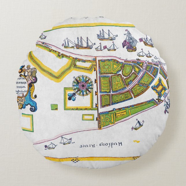 New Amsterdam Map, 1661 Round Pillow (Front)