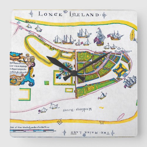 New Amsterdam Map 1661 Square Wall Clock