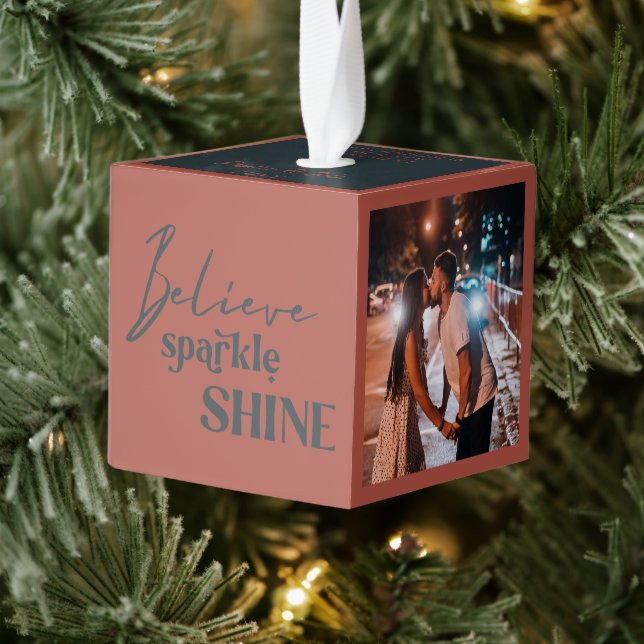 New Apartment Believe Sparkle Shine 3 Photo Cube Ornament (Tree)