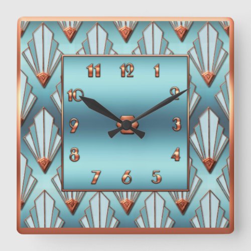 New Art Deco Blue and Copper Square Wall Clock