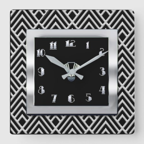 New Art Deco Style Black and silver Square Wall Clock