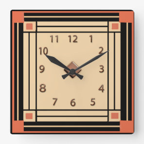 New Art Deco Style (Orange, Black and Cream) Square Wall Clock