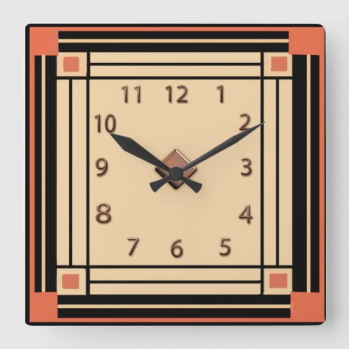 New Art Deco Style Orange Black and Cream Square Wall Clock