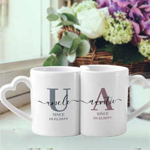 New Auntie and Uncle Monogram Blue and Mauve Coffee Mug Set