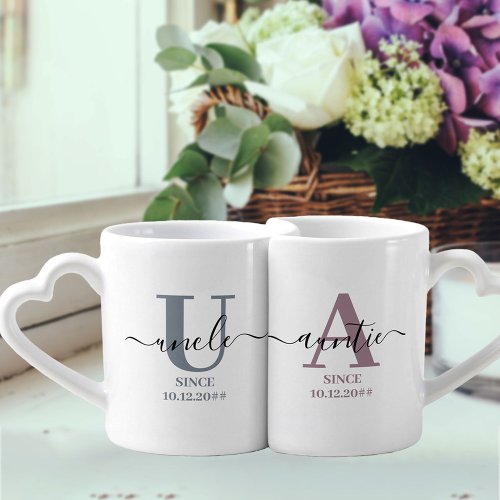 New Auntie and Uncle Monogram Blue and Mauve Coffee Mug Set