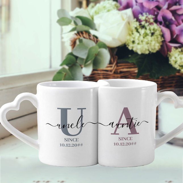 New Auntie and Uncle Monogram Blue and Mauve Coffee Mug Set (Creator Uploaded)
