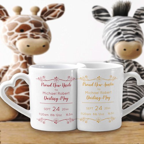 New Auntie  Uncle _ Red and Yellow _ Birth Stats Coffee Mug Set