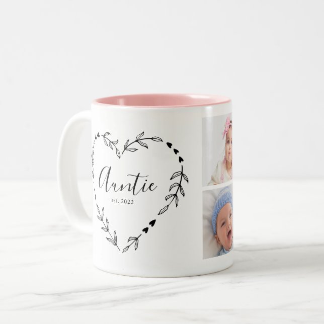 New Auntie Year Est. Four Photo Collage Two-Tone Coffee Mug (Front Left)