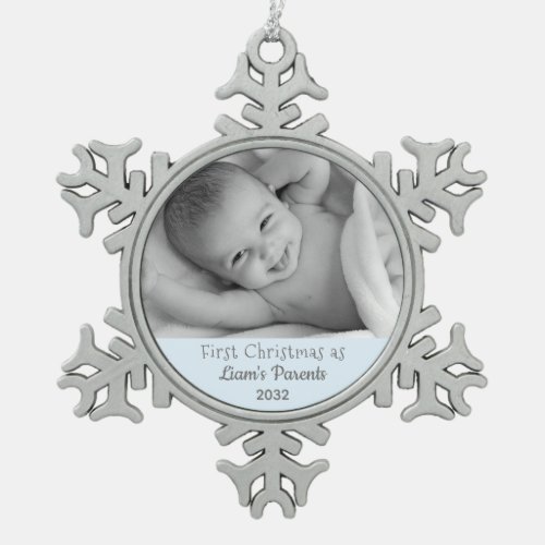 New Baby 1st Christmas as Parents Name Photo Snowflake Pewter Christmas Ornament