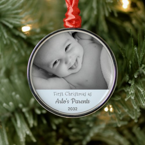 New Baby 1st Christmas as Parents Name Year Photo Metal Ornament