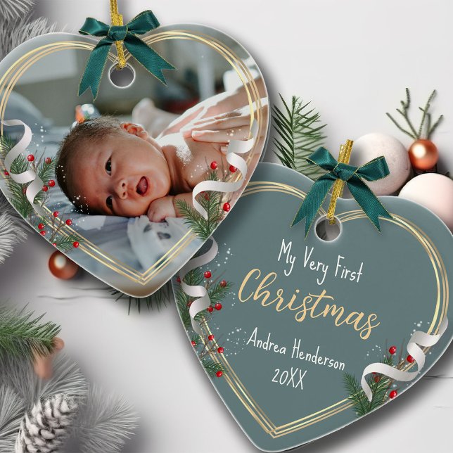 New Baby 1st Xmas Holly & Pine Gold Frame Photo  Ceramic Ornament (Creator Uploaded)