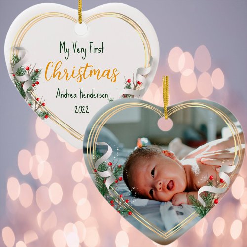 New Baby 1st Xmas Holly  Pine Gold Frame Photo  Ceramic Ornament