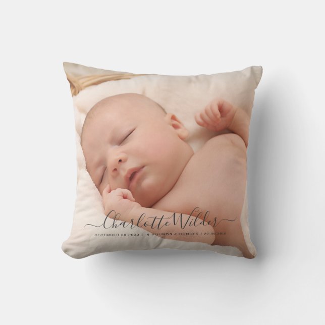 New Baby 2 Photo Script Name Birth Stats Throw Pillow (Front)